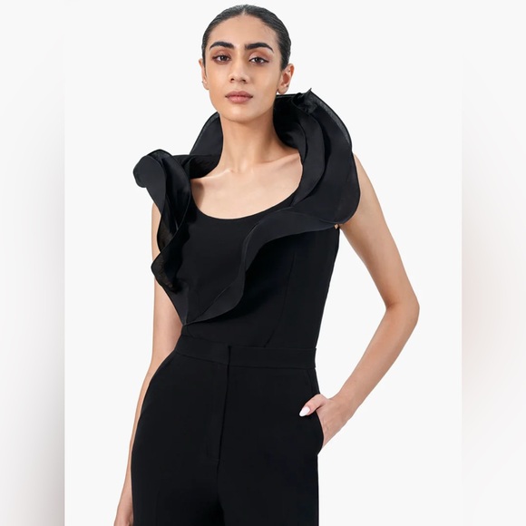 STUNNING GAURAV GUPTA BLACK RUFFLE WREATH TOP IN CREPE W OVERLAID ORGANZA 6 NWT - Picture 2 of 8